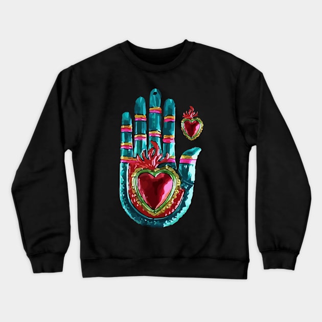 Tin hand mexican metal folk art and crafts sacred heart ornament Crewneck Sweatshirt by T-Mex